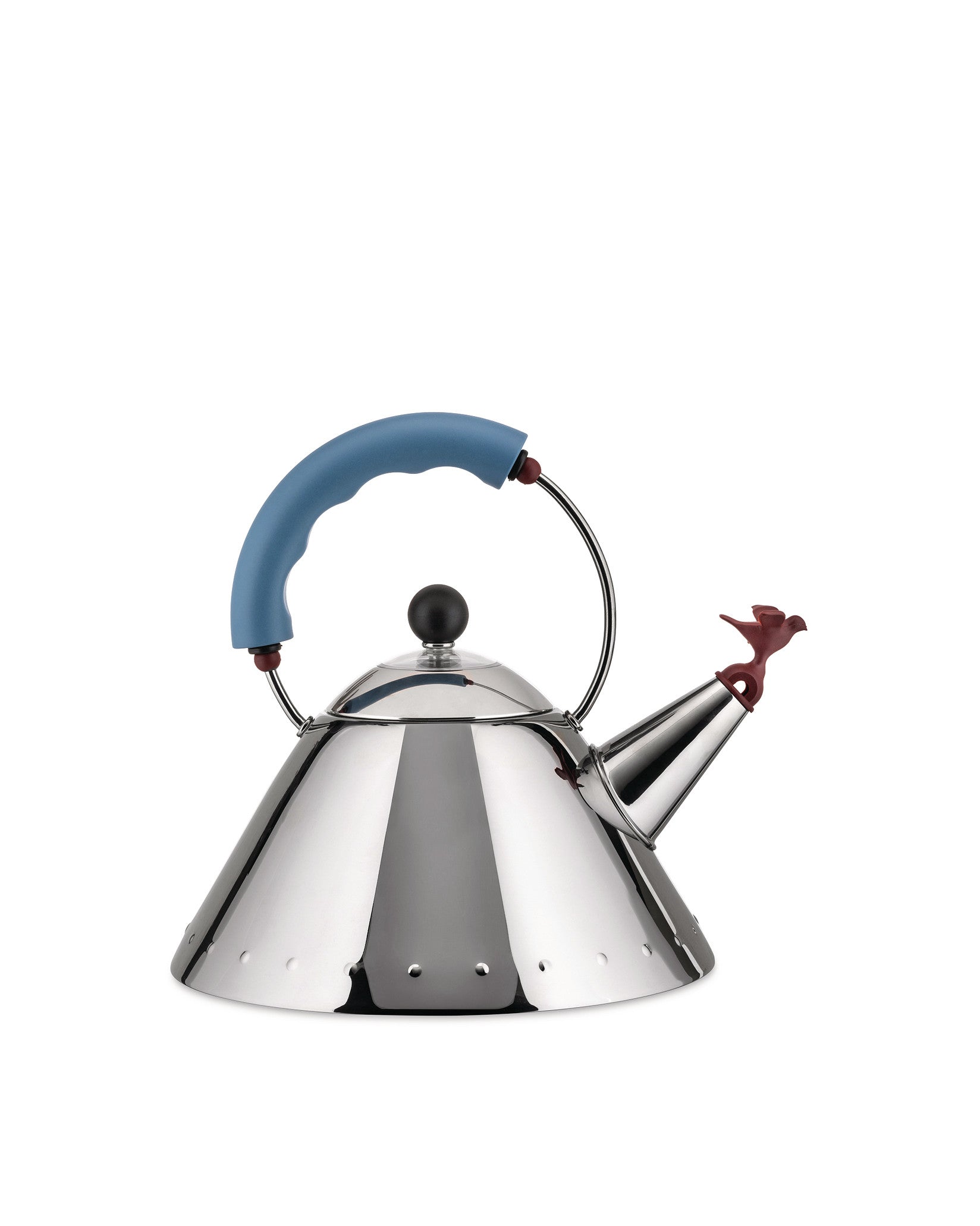 Der ikonische und unverkennbare 9093 bird whistle kettle von Michael Graves. Kegelförmiger Wasserkocher aus Edelstahl für Induktionskochfelder mit mehrfarbigen Griffen.